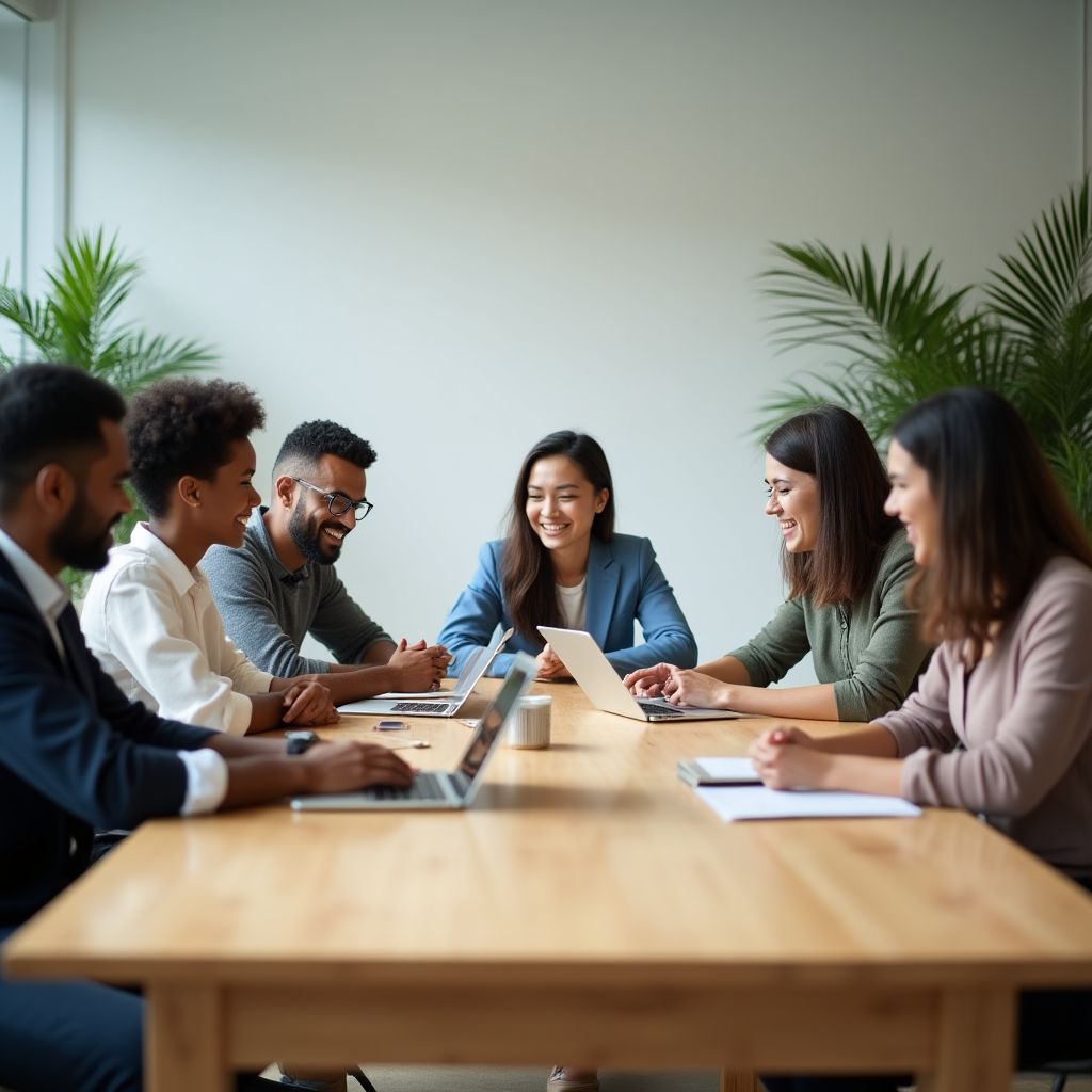 Equipo de FinanzaArg discutiendo estrategias en una oficina moderna.
